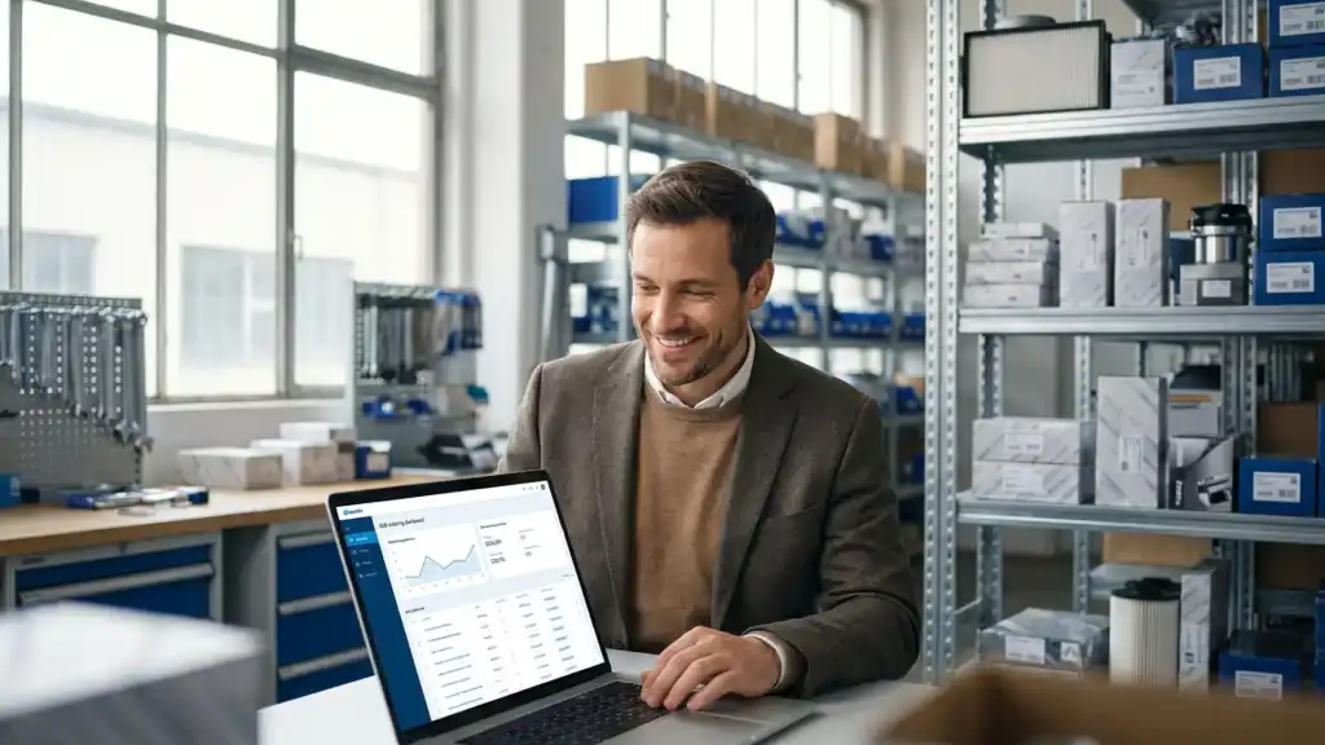 Kfz-Teile-Großhändler lächelt am Laptop mit B2B-Bestelloberfläche in modernem deutschen Lager mit sortierten Kfz-Komponenten.