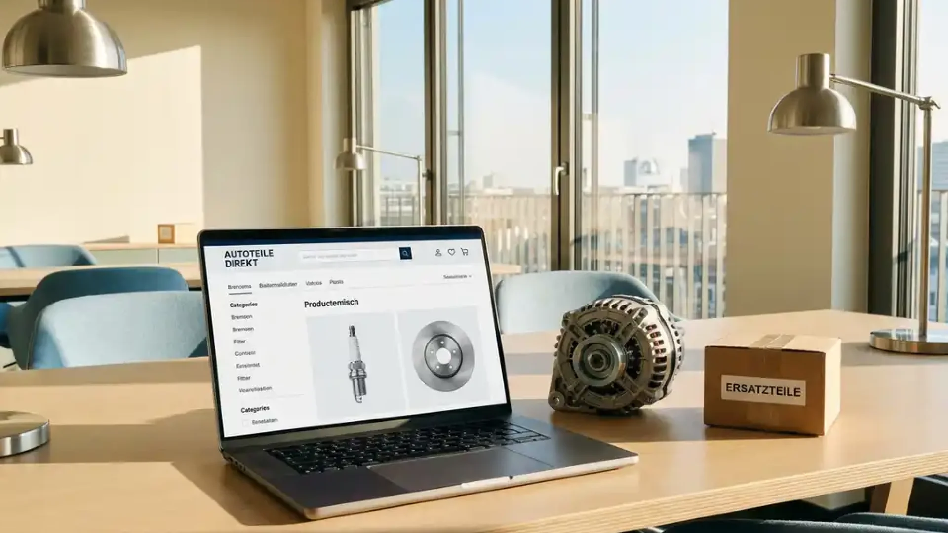 Laptop mit Kfz-Ersatzteil-Webshop auf modernem Büroschreibtisch, daneben Autoteil und Versandkarton im Tageslicht.
