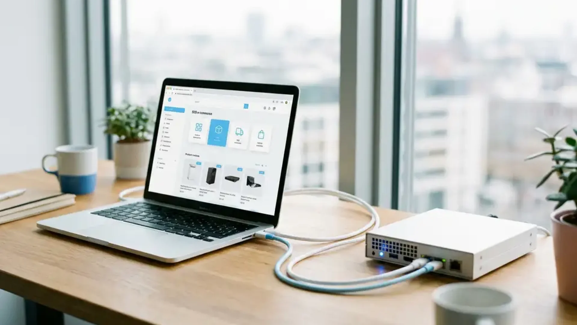 Laptop mit B2B-Shop-Oberfläche auf modernem Büroschreibtisch, verbunden mit einem Server durch geschwungene Kabel, natürliches Tageslicht.