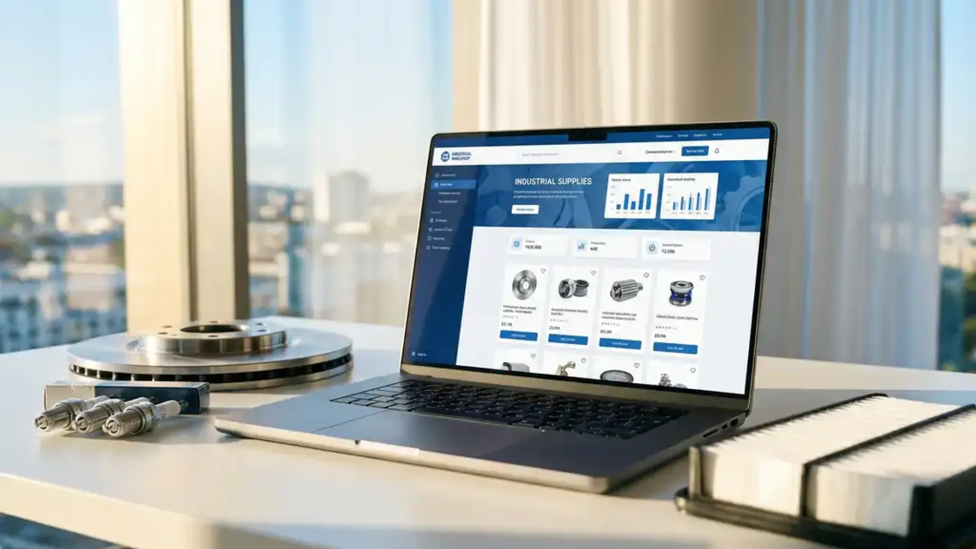 Laptop mit B2B-Webshop für Kfz-Ersatzteile auf weißem Schreibtisch, umgeben von Bremsscheibe, Zündkerzen und Luftfilter im Tageslicht.