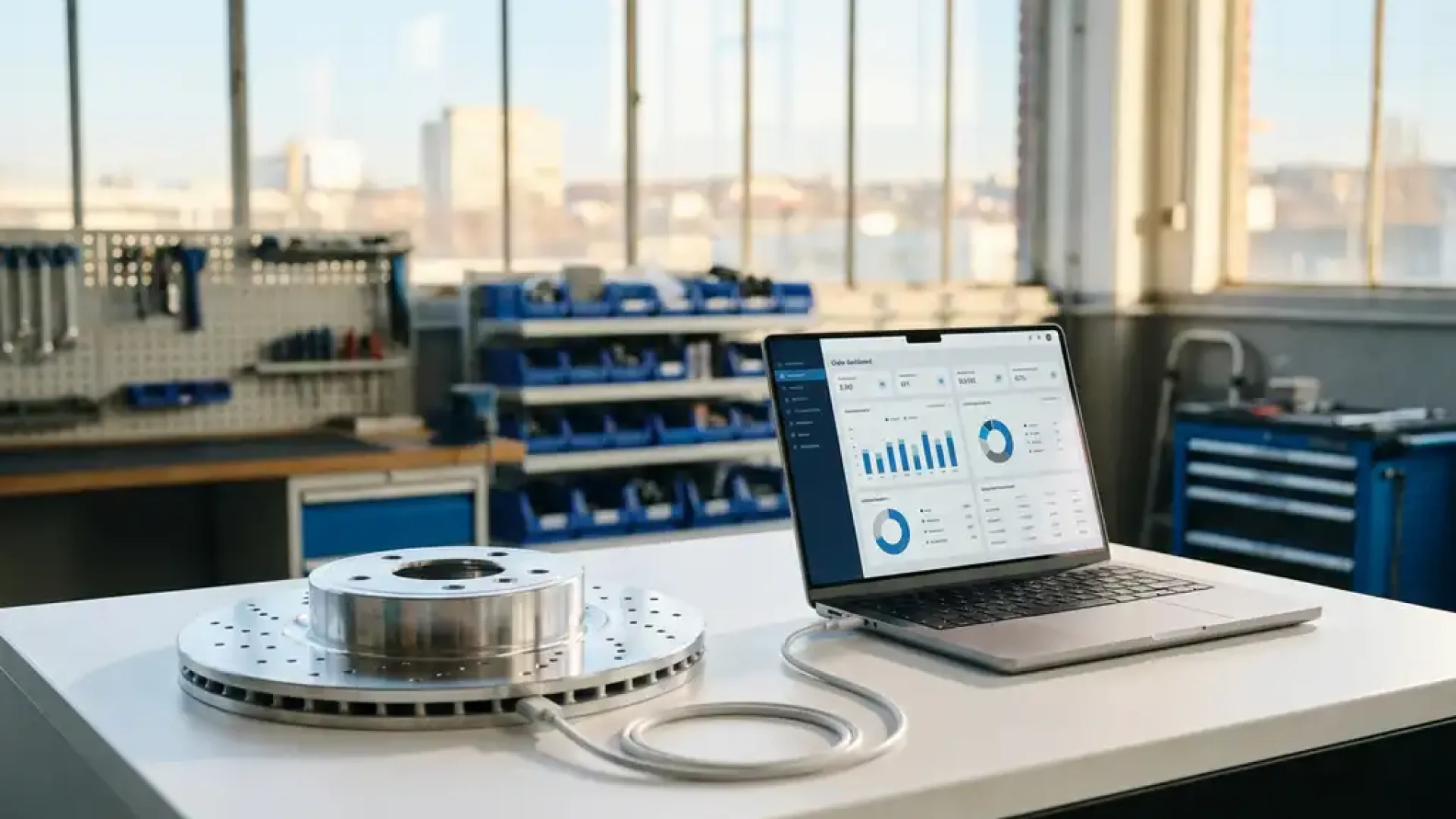 Polierte Bremsscheibe auf weißem Werkstatttresen, per Kabel mit Laptop verbunden, der ein Bestelldashboard zeigt, helles deutsches Werkstattambiente.