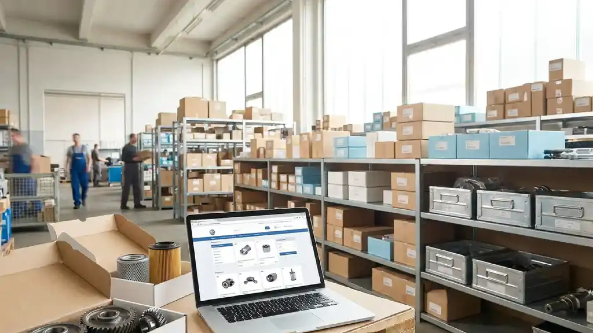 Modernes deutsches Autoteile-Lager mit Laptop und Online-Shop, gestapelte Kartons und Metallteile im Hintergrund.