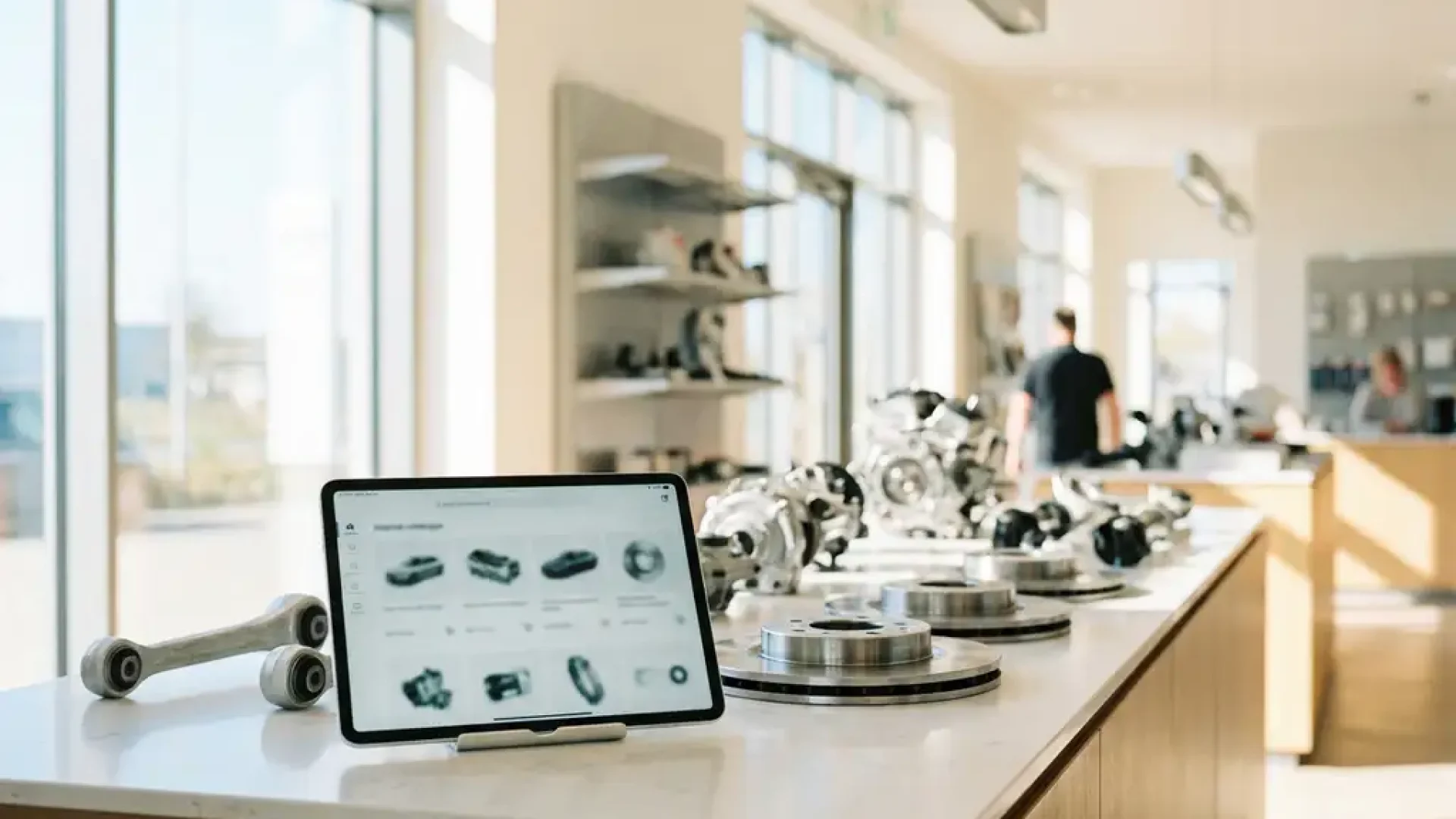 Moderner Autoteile-Showroom mit Tablet-Katalog und polierten KFZ-Komponenten auf weißer Theke im Tageslicht.