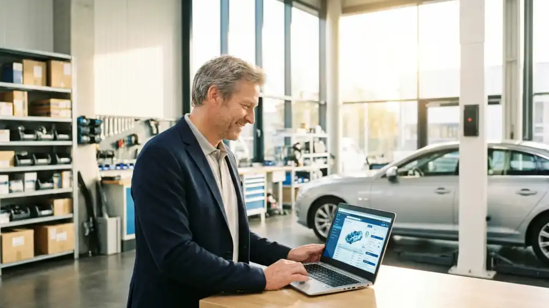 Kfz-Teilehändler durchsucht digitalen Teilekatalog auf Laptop in moderner deutscher Werkstatt mit Fahrzeugteilen im Hintergrund.