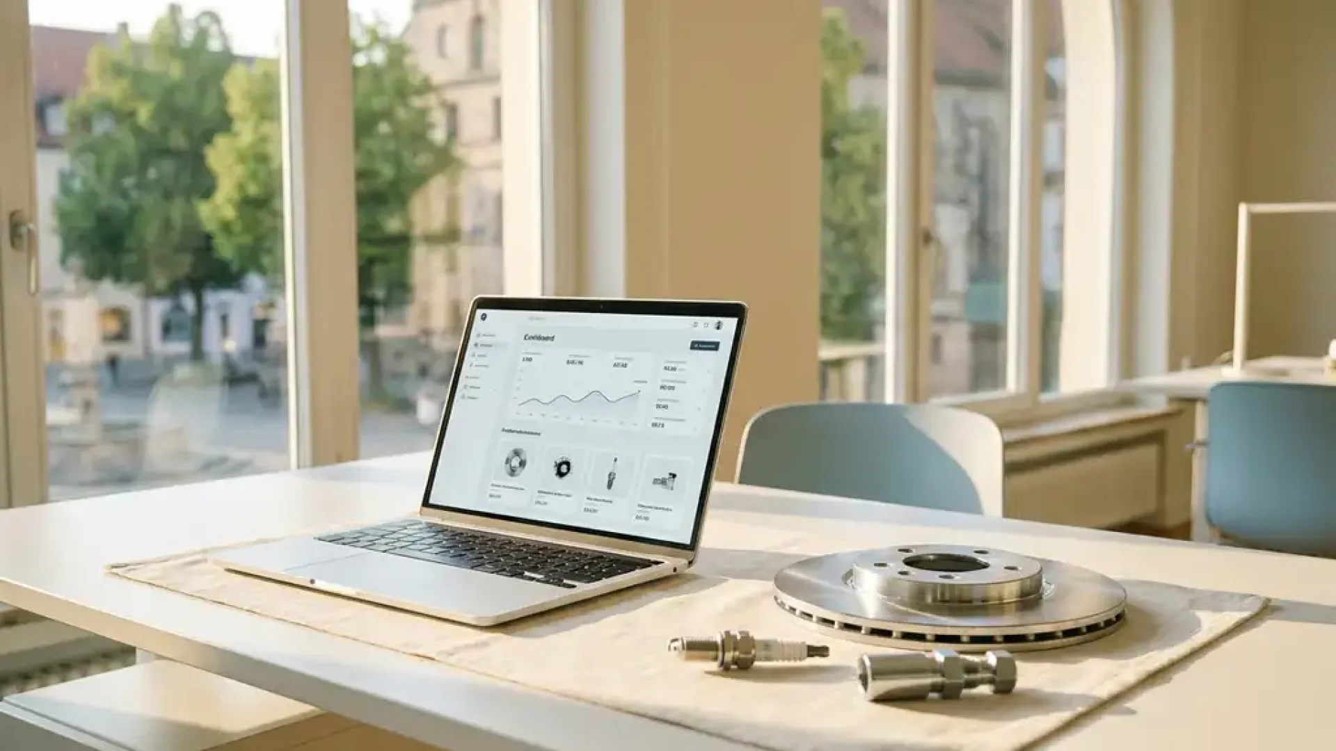 Laptop mit E-Commerce-Dashboard auf weißem Schreibtisch, umgeben von Kfz-Ersatzteilen: Bremsscheibe, Zündkerze und Chromarmatur.