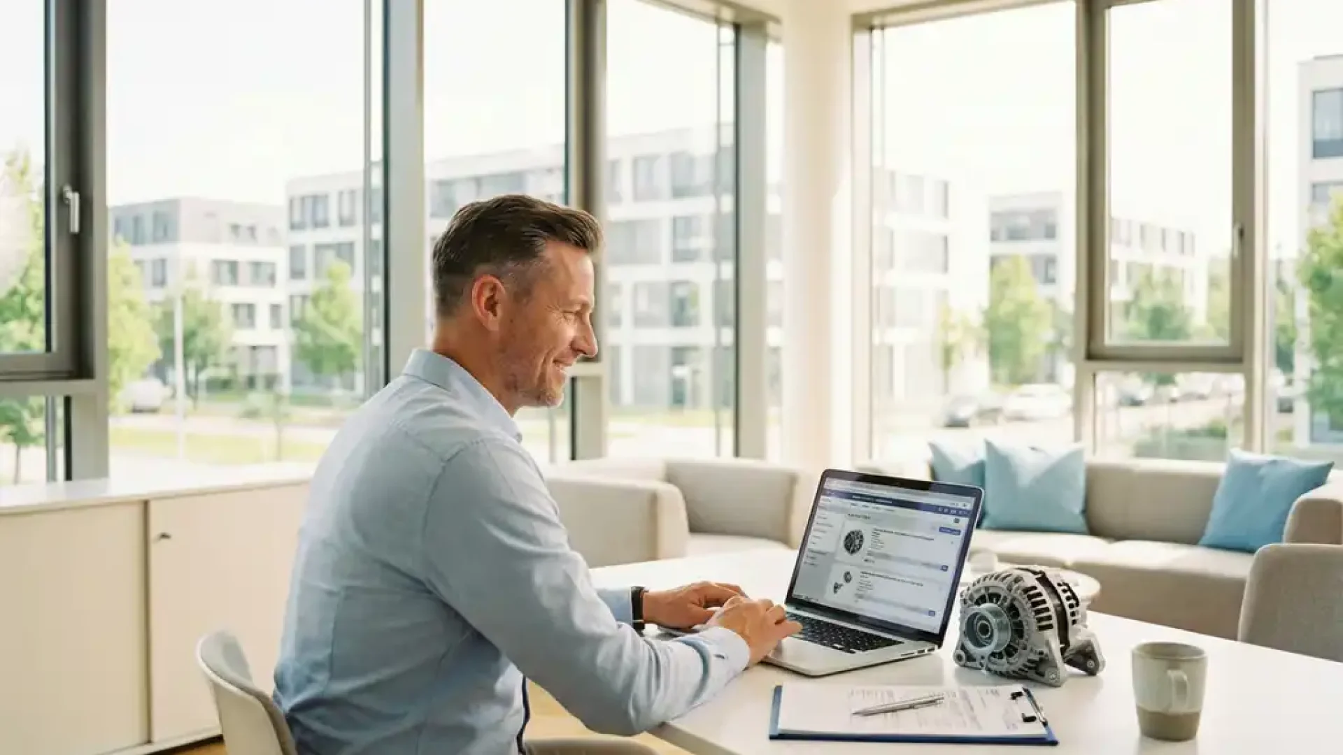 Fuhrparkleiter prüft Kfz-Ersatzteilbestellung auf Laptop in modernem Büro mit Autokomponente und Klemmbrett auf dem Schreibtisch.