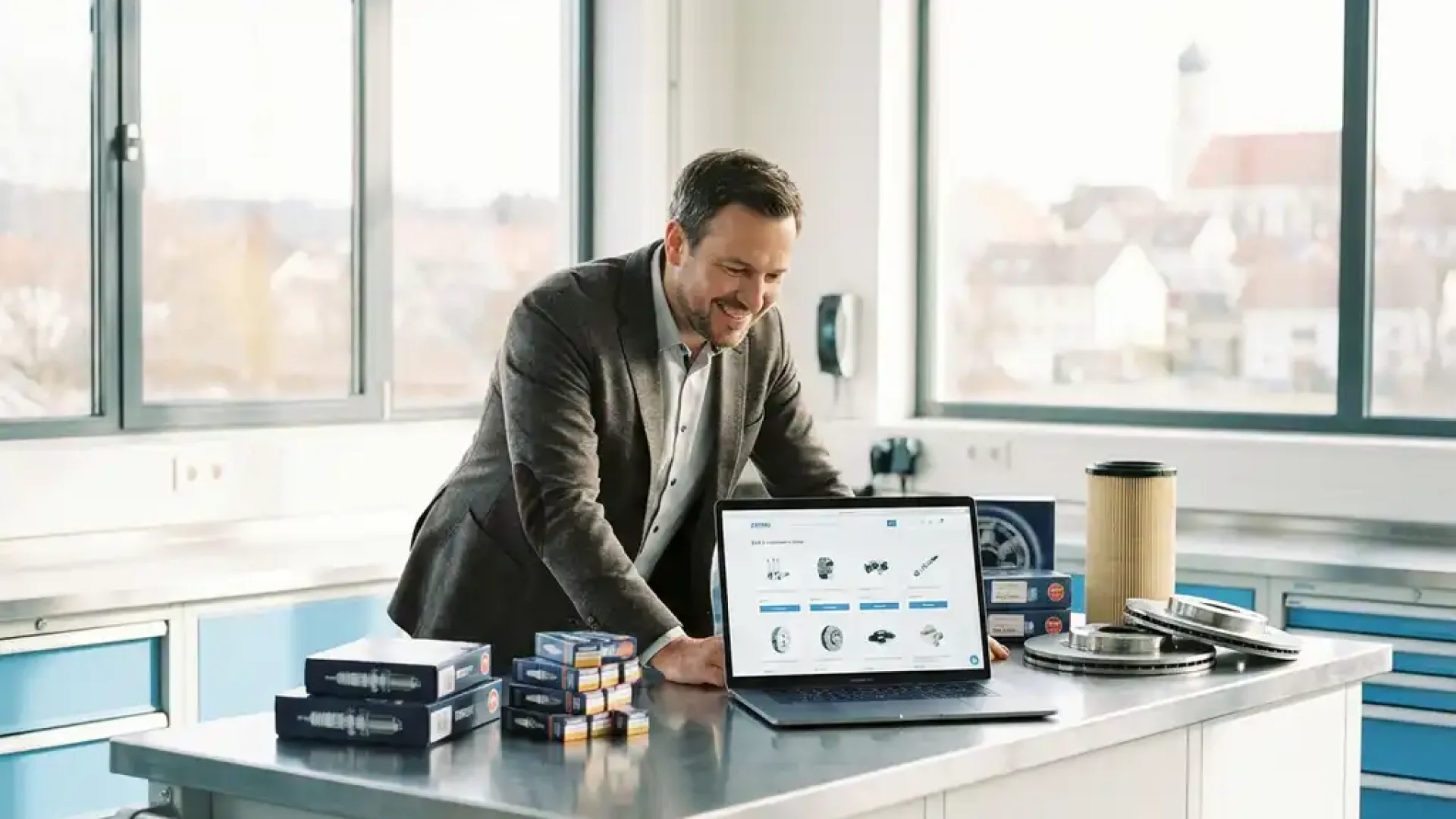 Kfz-Teilehändler nutzt Laptop mit B2B-Bestelloberfläche, umgeben von Zündkerzen, Bremsscheiben und Filter auf hellem Werkstatttresen.