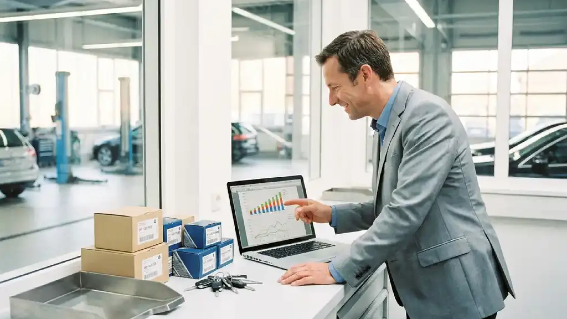Kfz-Teile-Händler prüft Staffelpreisdiagramme auf Laptop an modernem Werkstatttresen mit Ersatzteilkartons und Autoschlüsseln.