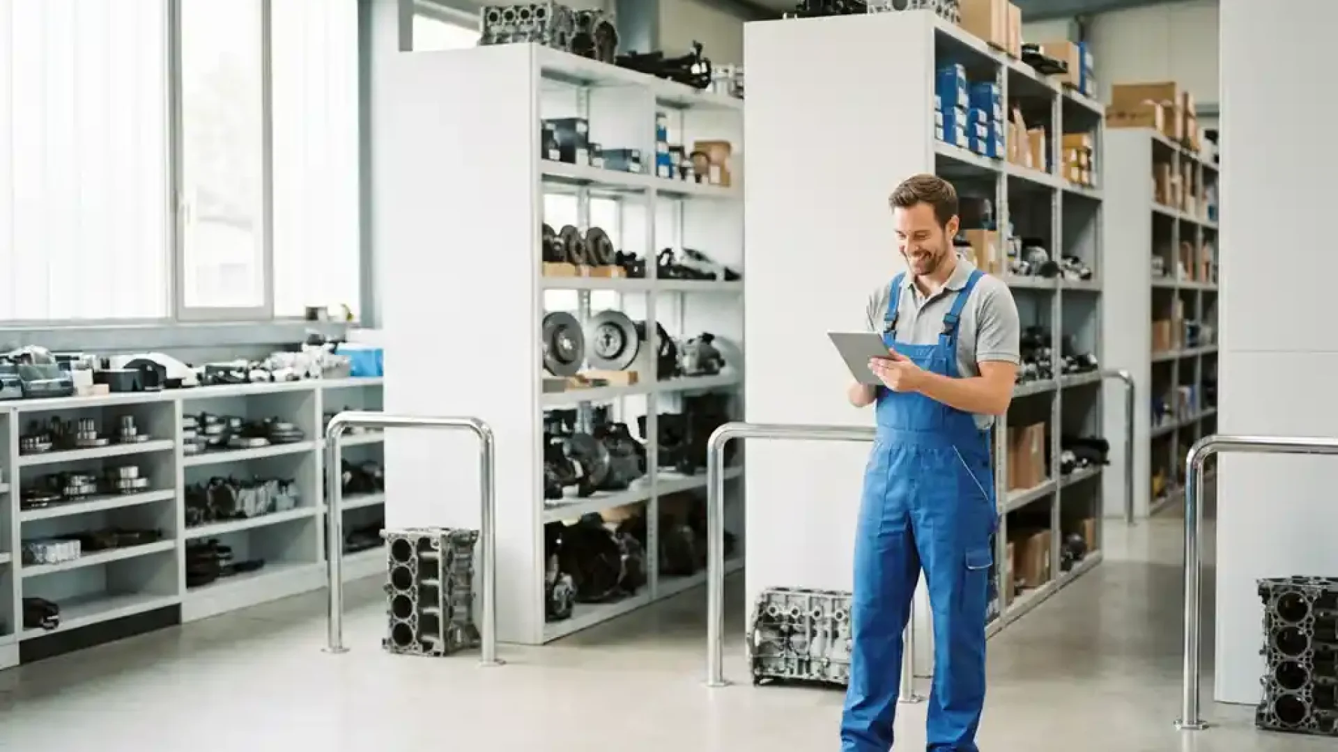 Mechaniker prüft Bestellung auf Tablet in einem modernen Kfz-Ersatzteillager in Bayern mit weißen Regalen.