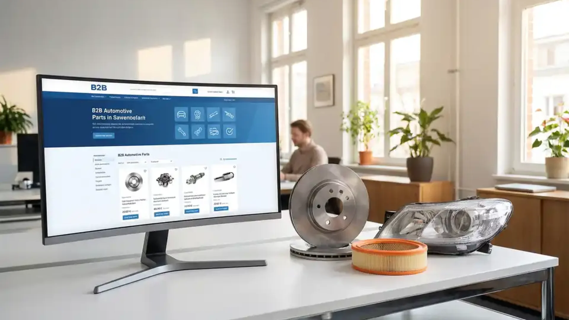 Moderner B2B-Kfzteile-Webshop auf Monitor, daneben Bremsscheibe, Filter und Scheinwerfer auf weißem Schreibtisch, helles Büro.