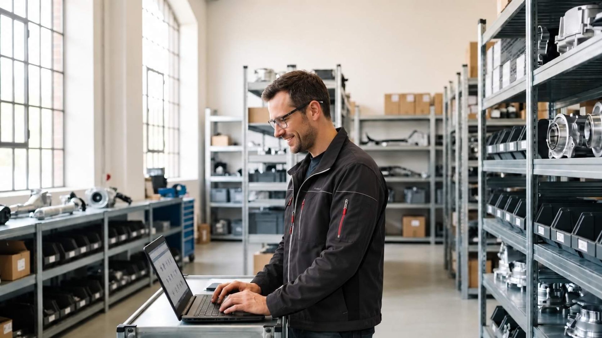 Kfz-Mechaniker durchsucht Ersatzteilkatalog auf Laptop in modernem deutschen Autoteile-Lager mit organisierten Regalen im Hintergrund.