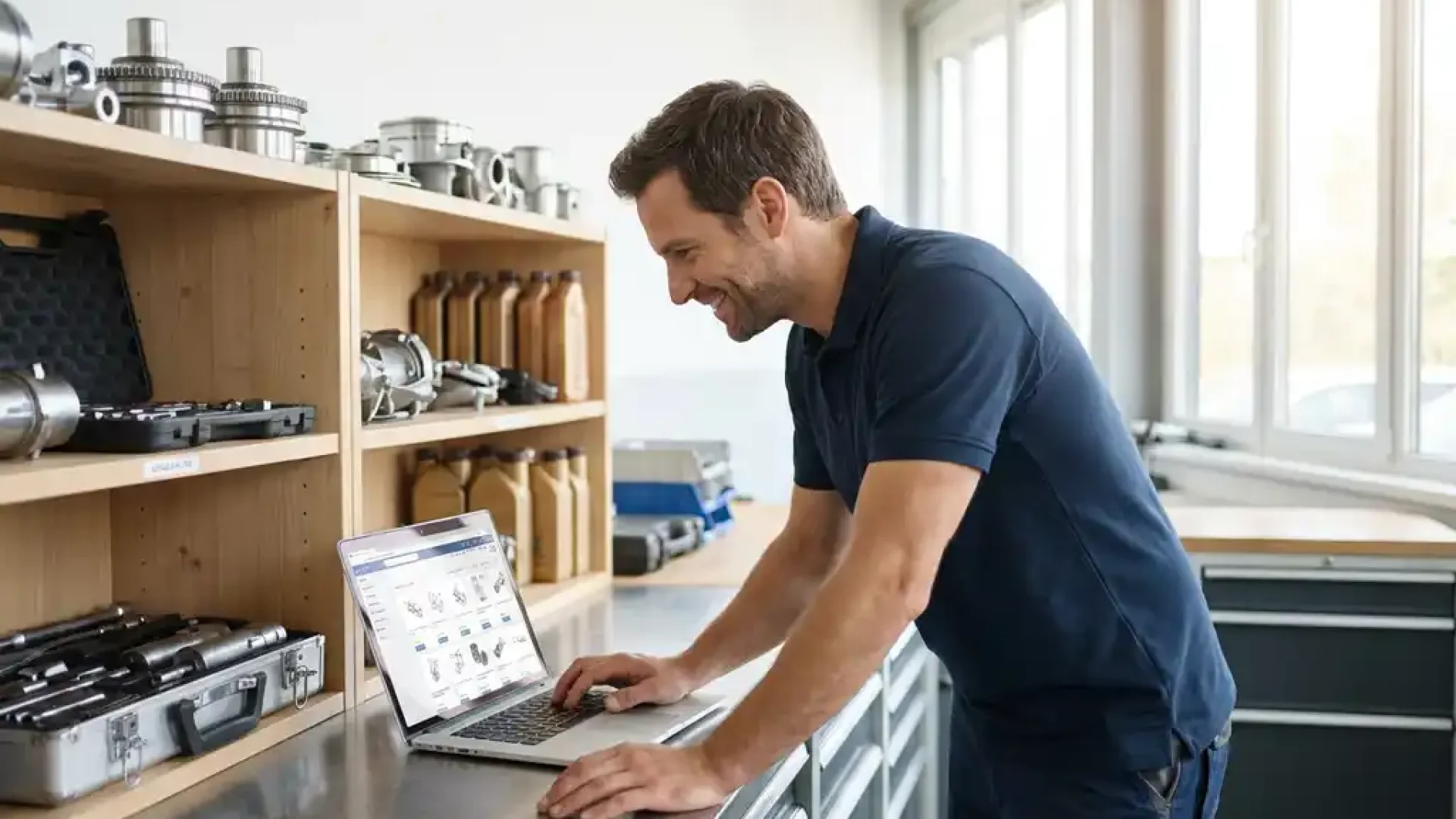 Kfz-Techniker in bayerischer Werkstatt recherchiert Ersatzteilkatalog auf Laptop, umgeben von sortierten Autoteilen und Werkzeug.