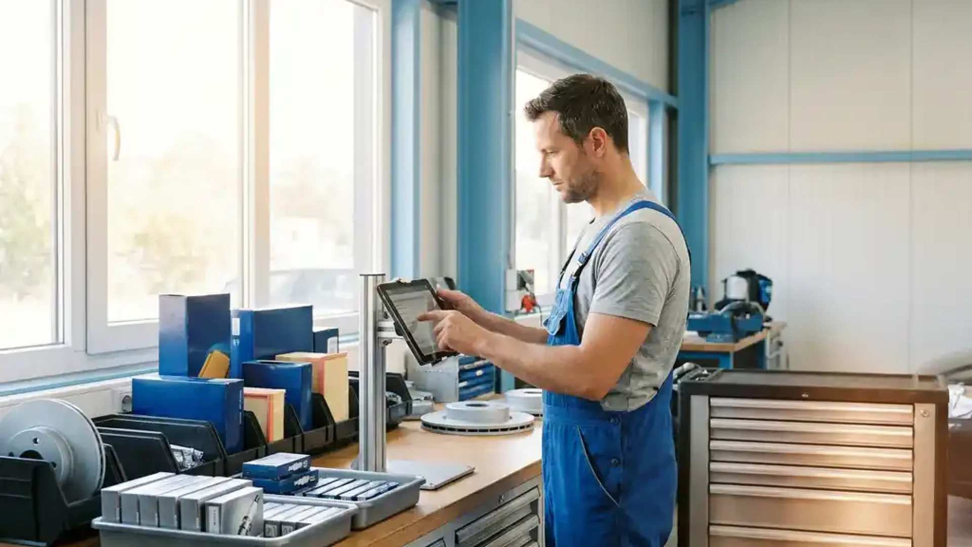 Kfz-Mechaniker nutzt Tablet in moderner Werkstatt mit sortierten Autoteilen wie Bremsscheiben und Zündkerzen im Hintergrund.