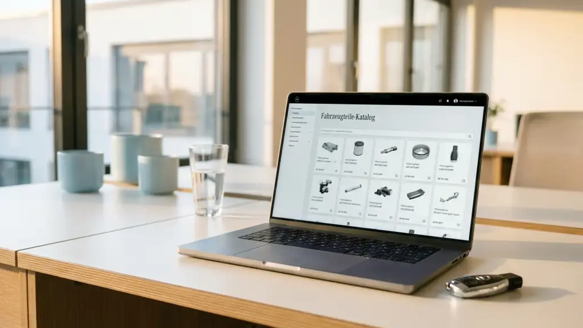 Laptop mit geöffnetem Kfz-Teilekatalog auf modernem Büroschreibtisch, daneben ein Autoschlüssel im Tageslicht.