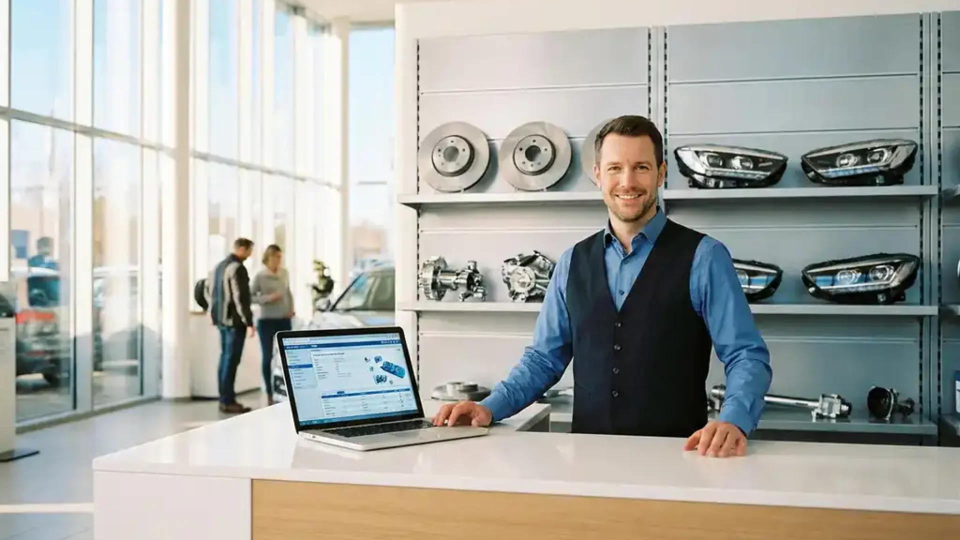Kfz-Teile-Spezialist an modernem Dealership-Tresen mit offenem Laptop und Kfz-Ersatzteilen im Hintergrund.