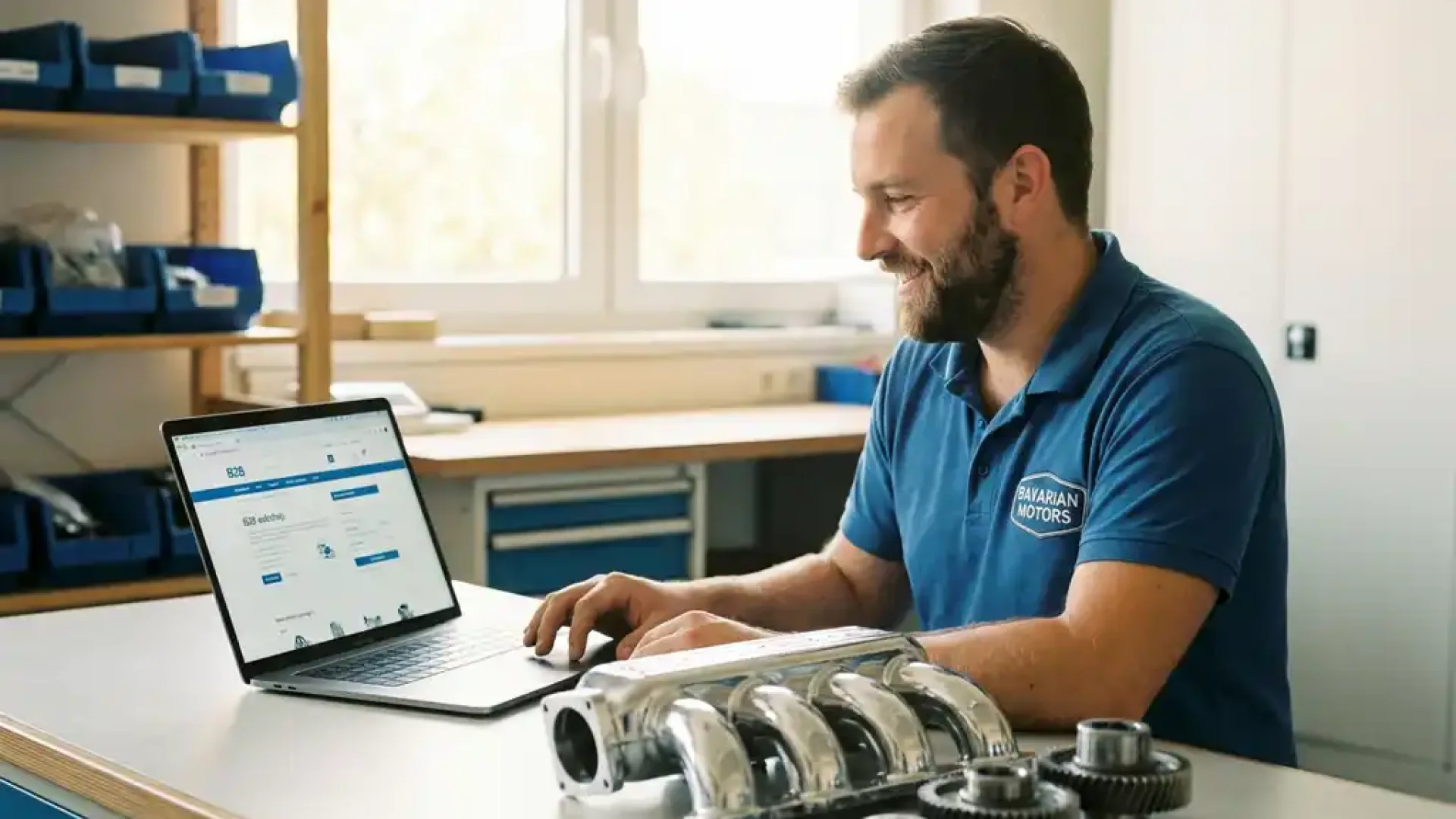 Kfz-Teilespezialist am Laptop mit B2B-Webshop, umgeben von glänzenden Ersatzteilen auf modernem Werkstatttisch im bayerischen Tageslicht.