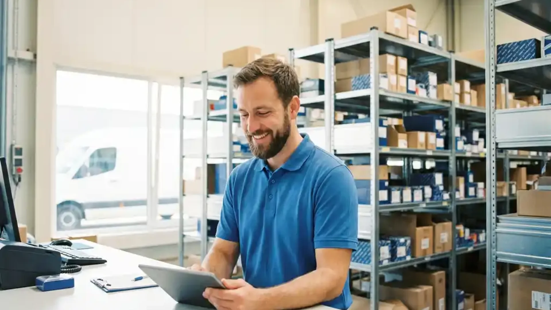 Lagerleiter prüft Tablet an hellem Logistikschreibtisch, dahinter Regale mit Kfz-Ersatzteilen und Lieferwagen im Hintergrund.