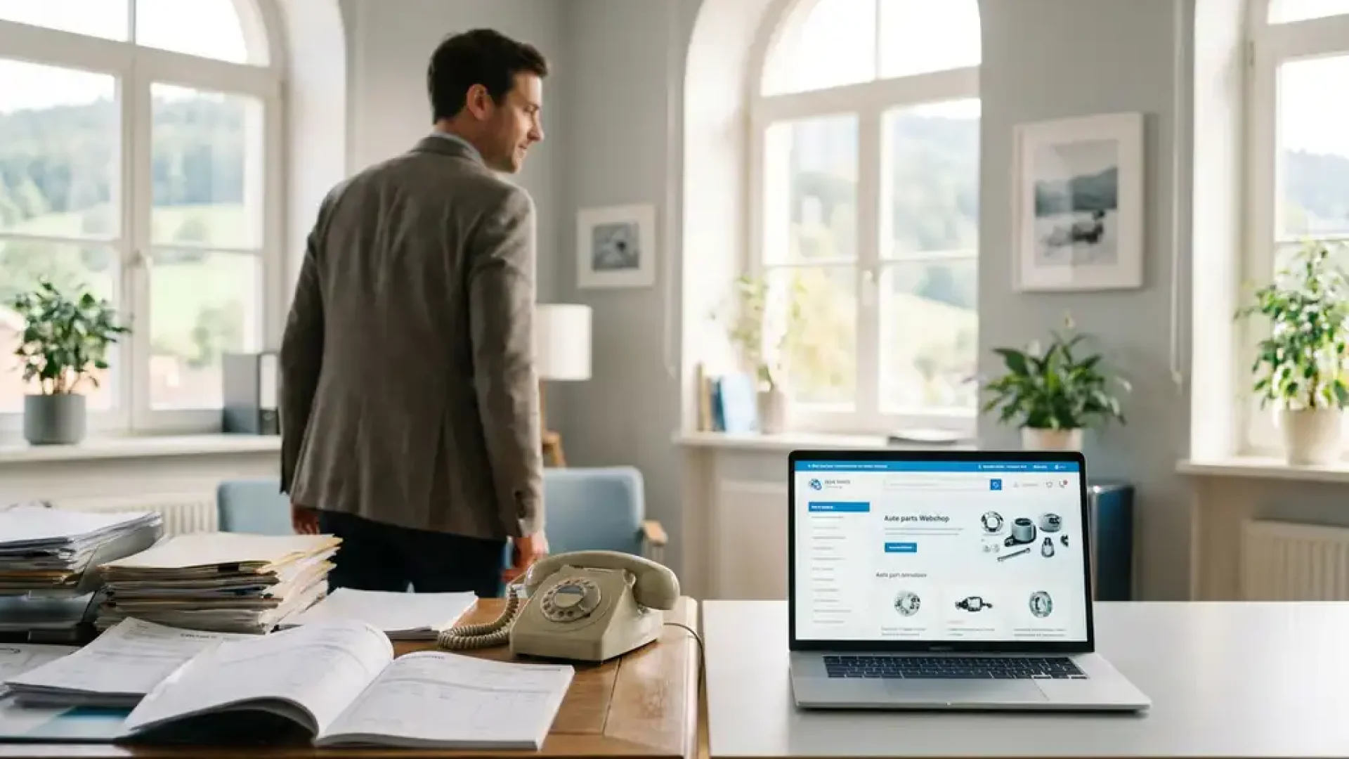 Kfz-Teileverkäufer wendet sich von einem Schreibtisch mit altem Telefon einem modernen Laptop mit Webshop-Oberfläche zu, bayerisches Büro mit Tageslicht.