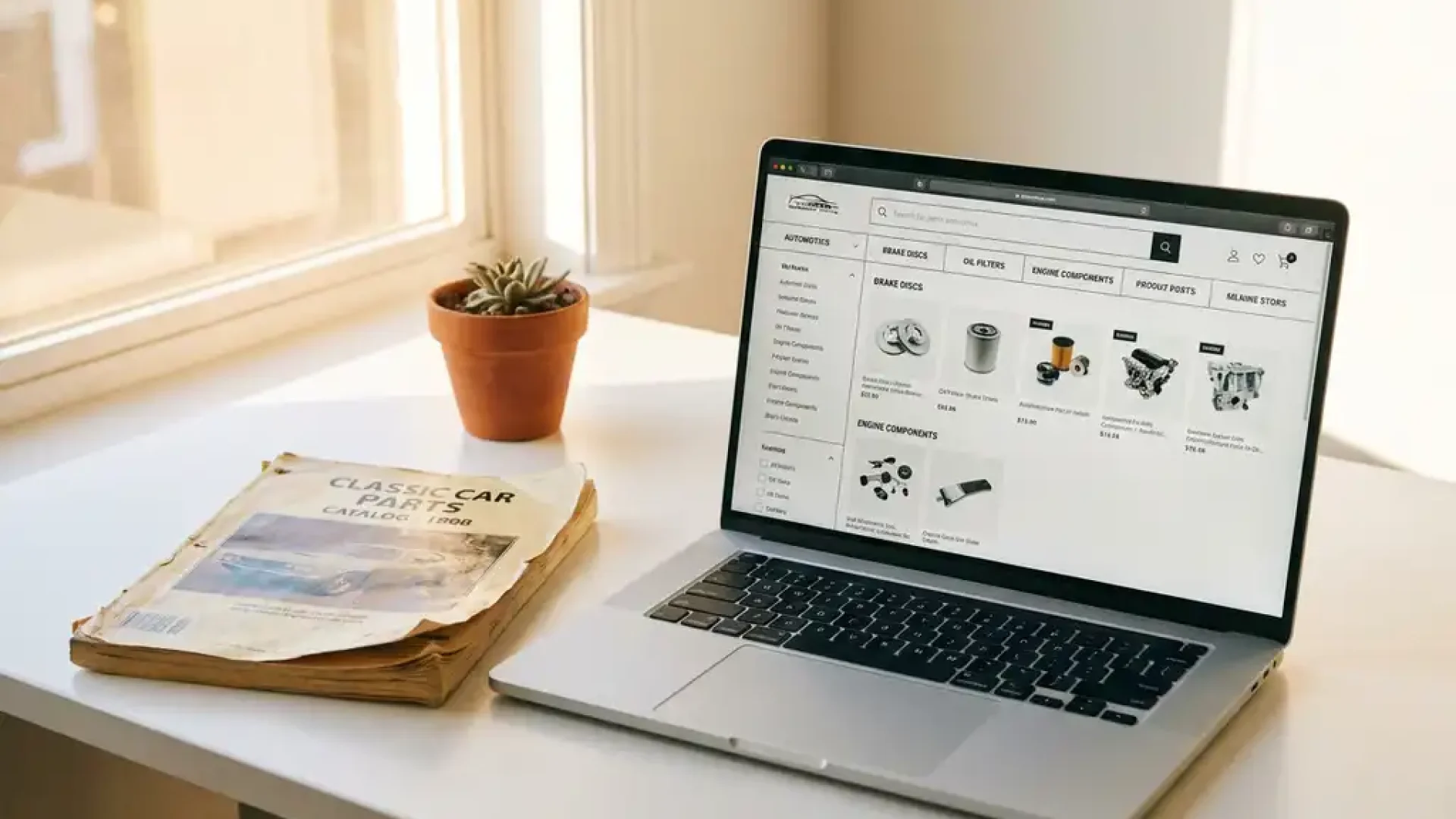 Laptop mit modernem Kfz-Ersatzteile-Webshop auf weißem Schreibtisch, daneben ein veralteter Papierkatalog und eine kleine Topfpflanze im Sonnenlicht.