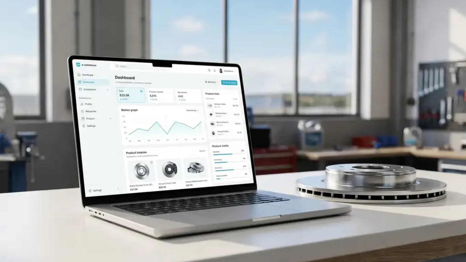 Laptop mit E-Commerce-Dashboard neben glänzender Bremsscheibe auf weißem Schreibtisch in einer hellen deutschen Werkstatt.