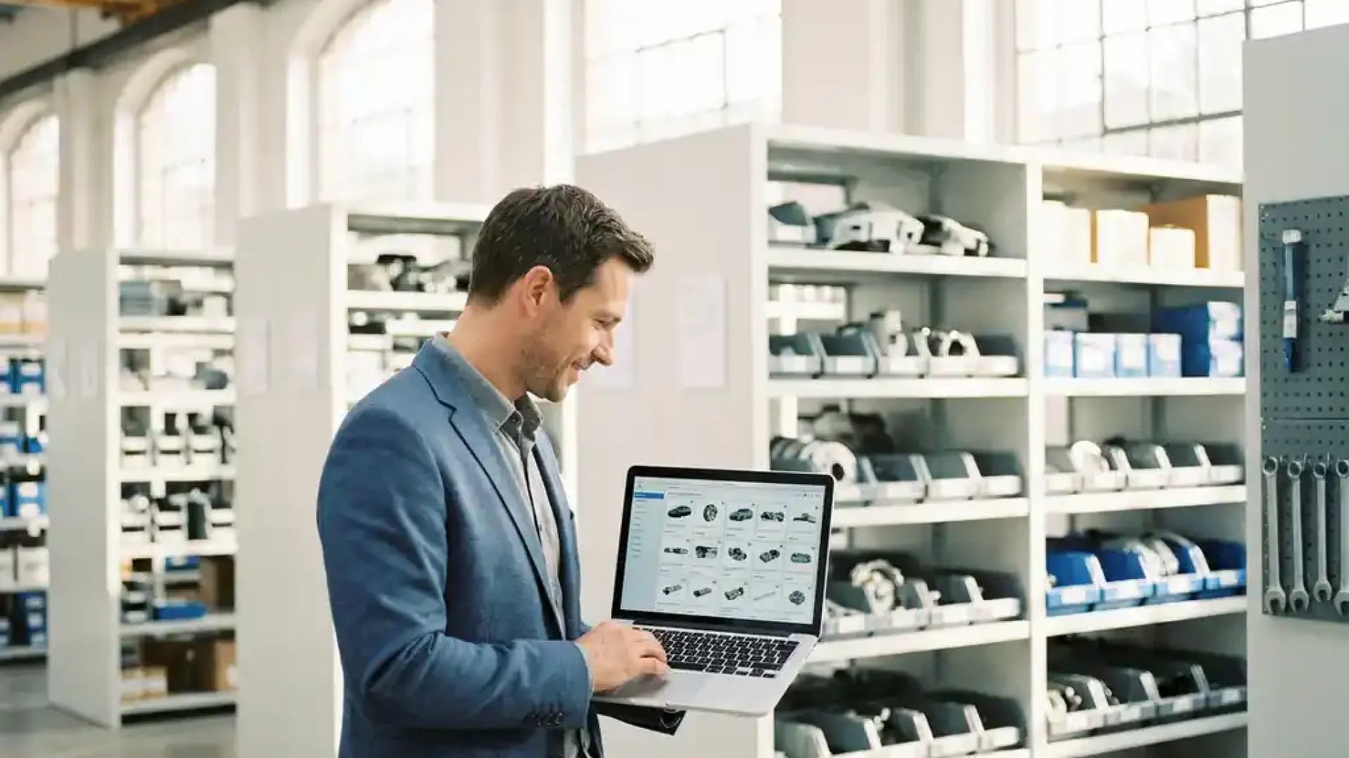 Teilemanager durchsucht Kfz-Katalog auf Laptop in modernem deutschen Lager mit sortierten Autoteilen im Regal.