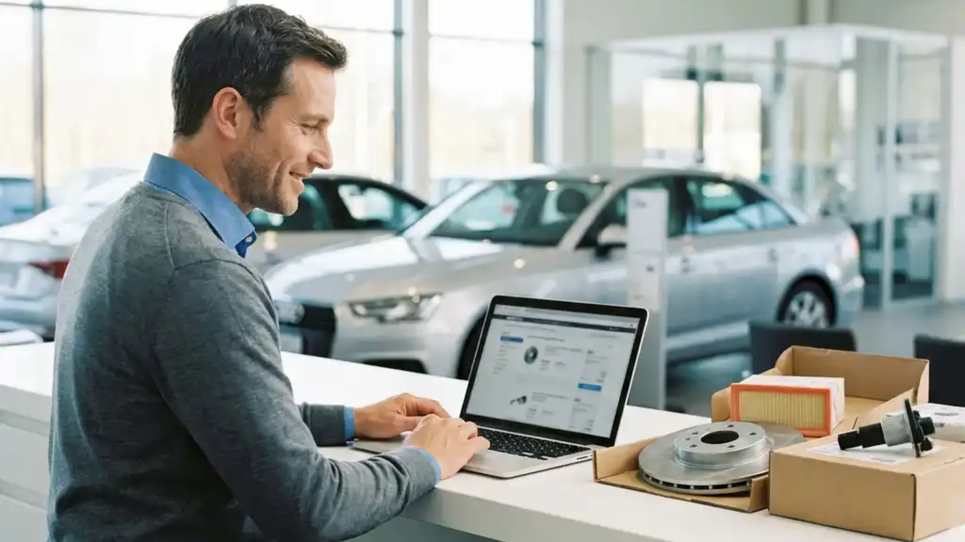 Teilemanager durchsucht Kfz-Ersatzteilkatalog auf Laptop, originale Autoteile auf hellem Werkstatttresen, modernes deutsches Autohaus im Hintergrund.