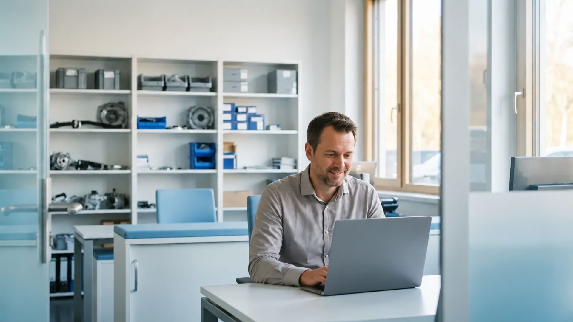 Werkstattleiter in modernem deutschen Autohaus überprüft Zugriffsberechtigungen auf Laptop, Ersatzteile im Regal im Hintergrund.
